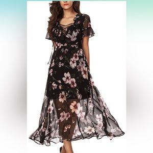 Noctflos black flowery full length dress, size S
